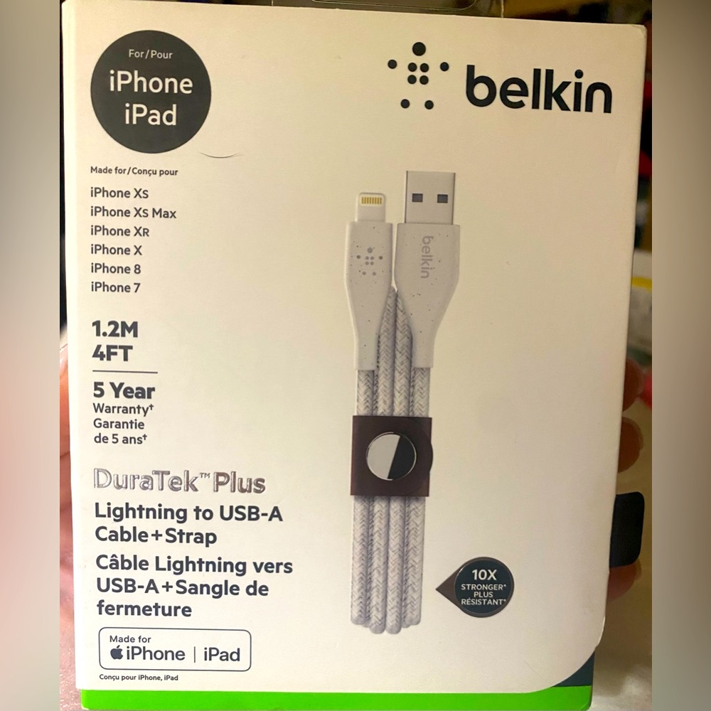 NIB - belkin DuraTek Plus Lightning to USB-A Cable & Strap for iPhone/iPad